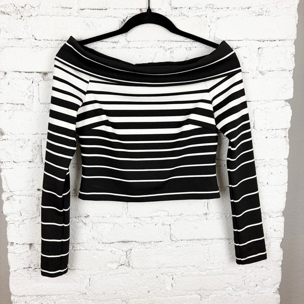 N/Nicholas Black White Striped Off Shoulder Boatneck Cowl Long Sleeve Blouse 2